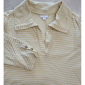J Jill womens long sleeve shirt yellow striped‎ soft knit XL Petite collar tunic